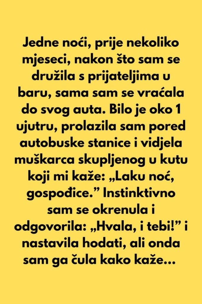 Jedne noći, prije nekoliko mjeseci, nakon što sam se družila s prijateljima u baru, sama sam se vraćala do svog auta.